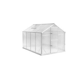 Przezroczysta konstrukcja szklarni t.b.t. z drzwiami i oknem.