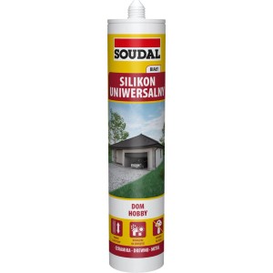 Biały kartusz silikonu uniwersalnego Soudal do użytku wewnątrz i na zewnątrz.