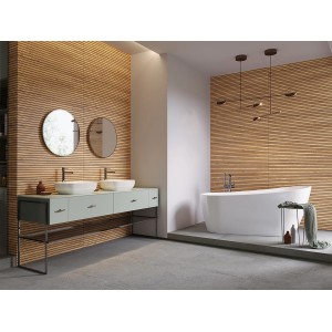 Beżowa płytka ścienna Cersanit Oslo Light o strukturze drewna w nowoczesnej łazience.