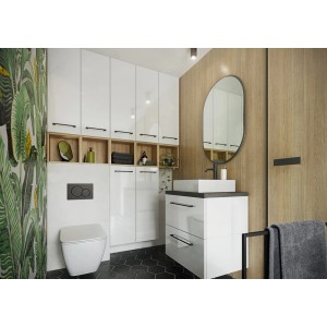 Nowoczesna łazienka z białą szafką pod umywalkę t.b.t. i szafką lustrzaną. Elegancki design do Twojej łazienki.