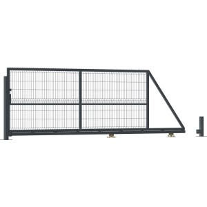 Metalowa brama przesuwna z siatką drucianą do paneli ogrodzeniowych, widok z boku.