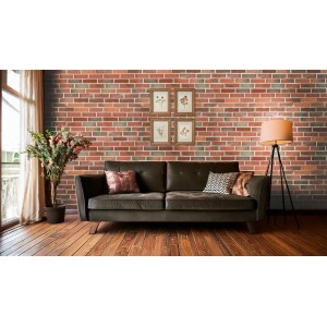 Salon z ścianą z czerwonych płytek ceglanych t.b.t., sofa i dekoracje.
