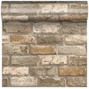 Tapeta dekoracyjna imitująca kamień, beżowo-brązowa ściana z cegieł do wnętrz.