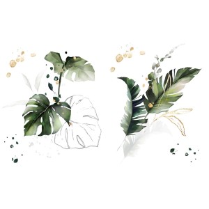 Naklejka na ścianę z tropikalnymi liśćmi (Monstera, liść bananowca) i złotymi akcentami.