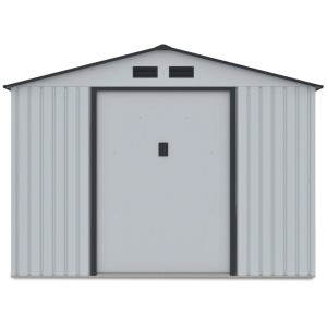 Szara metalowa szopa ogrodowa z czarnym dachem i ościeżnicą.