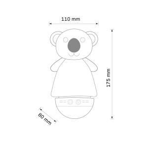 Szkic dekoracyjnej lampy stołowej w kształcie koali z wymiarami.