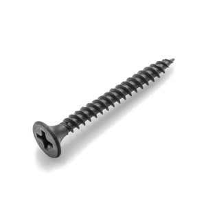 Czarna śruba do drewna i płyt gipsowo-kartonowych.
