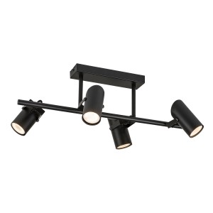 Czarna lampa sufitowa t.b.t. z czterema reflektorami dla elastycznego oświetlenia.