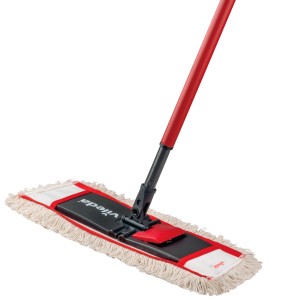 Vileda UltraMax mop do podłogi z czerwoną rączką i nakładką z mikrofibry do czyszczenia bez smug.