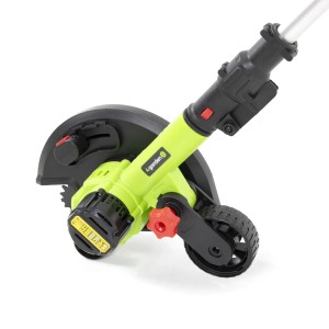Akumulatorowy podkaszarka t.b.t. z osłoną i kółkiem do precyzyjnego przycinania krawędzi.