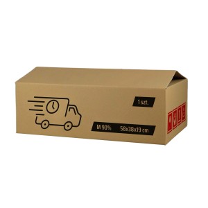 Pudełko kartonowe t.b.t., brązowe, z nadrukiem, rozmiar 58x38x19 cm.