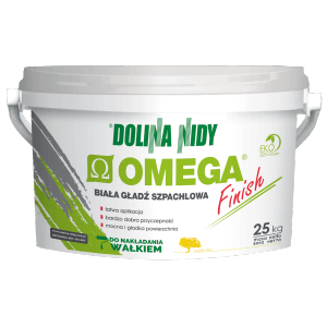 Wiadro białej gładzi szpachlowej Dolina Nidy Omega Finish, 25 kg.