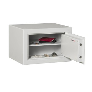 Otwarty, biały sejf z dwiema przegródkami do przechowywania wartościowych przedmiotów.