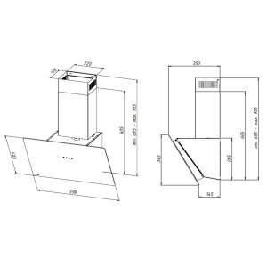 Rysunek techniczny okapu ściennego t.b.t. z wymiarami.