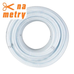 Elastyczny wąż do oczka wodnego, przezroczysty ze wzmocnieniami, zwinięty.