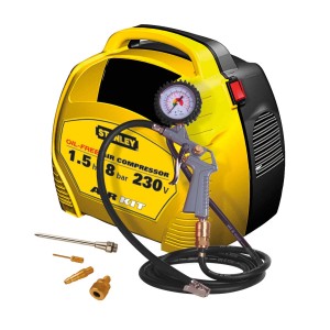 Żółty kompresor Stanley Air Kit z akcesoriami i manometrem. Kompaktowy przenośny kompresor.