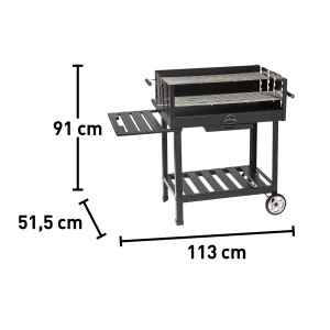 Czarny grill węglowy z półką i kółkami. Idealny na grilla.