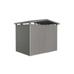 Metalowy domek ogrodowy Biohort Panorama, kwarcowy szary, 4,6 m², z drzwiami. Idealny do przechowywania w ogrodzie.