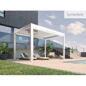 Nowoczesna pergola Biohort 6x3,5 m w kolorze biało-srebrnym z regulowanymi lamelami i meblami tarasowymi.
