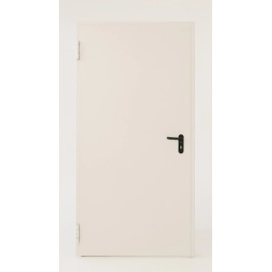 Białe drzwi stalowe z czarną klamką i okuciami.