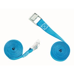 Turkusowe pasy transportowe z metalową klamrą, zwinięte.