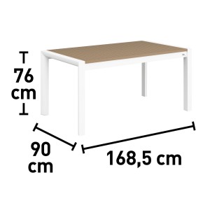 Zdjęcie stołu ogrodowego t.b.t. z wymiarami: 76 cm wysokości, 90 cm szerokości i 168,5 cm długości.