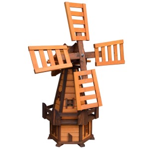 Drewniany wiatrak ogrodowy, dekoracyjny element przyciągający wzrok w ogrodzie lub na tarasie.
