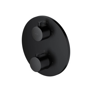 Czarna bateria wannowa t.b.t. z dwoma okrągłymi pokrętłami.