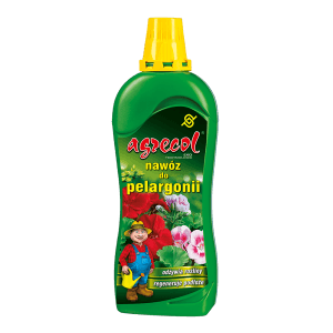 Butelka nawozu do pelargonii Agrecol, zielona z żółtą nakrętką.
