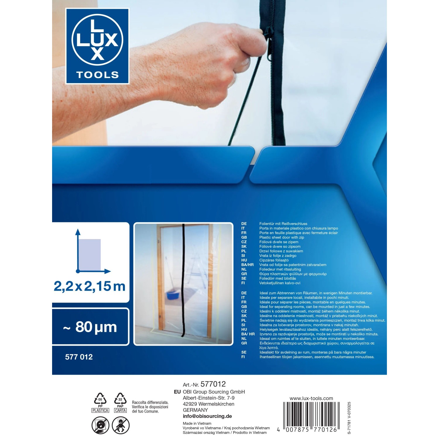 Drzwi foliowe LUX-TOOLS (2,1 m x 1,1 m) z zamkiem błyskawicznym do pyłoszczelnego uszczelniania drzwi.