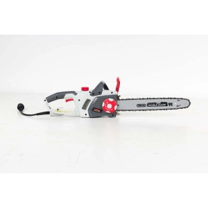 Elektryczna piła łańcuchowa t.b.t. z szaro-białą obudową i czerwonym detalem.