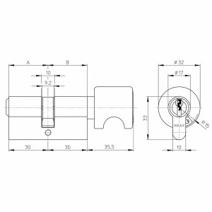 Rysunek techniczny zamka do drzwi t.b.t. z wymiarami.