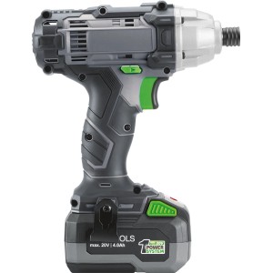 Szary akumulatorowy klucz udarowy t.b.t. z zielonym akcentem. Idealny do wkręcania.