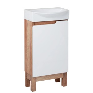 t.b.t. Szafka pod umywalkę z białym frontem i drewnianym wykończeniem do łazienki.