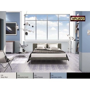 Sypialnia w odcieniach niebieskiego z kolorową farbą do ścian t.b.t.