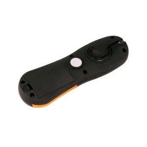 Czarno-pomarańczowa lampa robocza COB z hakiem i magnesem dla elastycznego użytkowania.