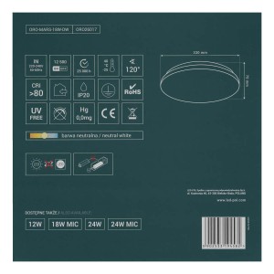 Rysunek techniczny plafonu LED t.b.t. z wymiarami i szczegółami technicznymi.
