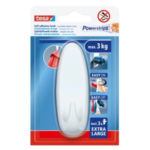 Haczyk samoprzylepny Tesa Powerstrips, biały, do 3 kg, 3 sztuki