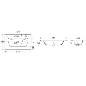 Rysunek techniczny umywalki nablatowej t.b.t. z wymiarami.