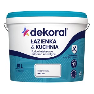 Wiadro białej farby lateksowej Dekoral do łazienki i kuchni, 10L, mat.