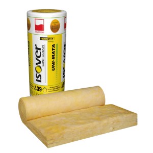 Żółta wełna mineralna w rolce i opakowanie Isover.