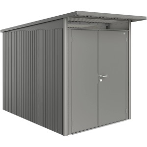 Domek ogrodowy Biohort AvantGarde A3, kwarcowy szary metalik, z podwójnymi drzwiami. Metalowy domek do ogrodu.