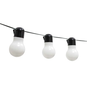 Solarny łańcuch świetlny z białymi żarówkami do użytku zewnętrznego.