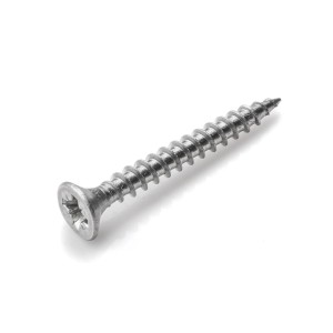 Srebrna śruba z krzyżowym łbem do drewna, metalu lub plastiku.