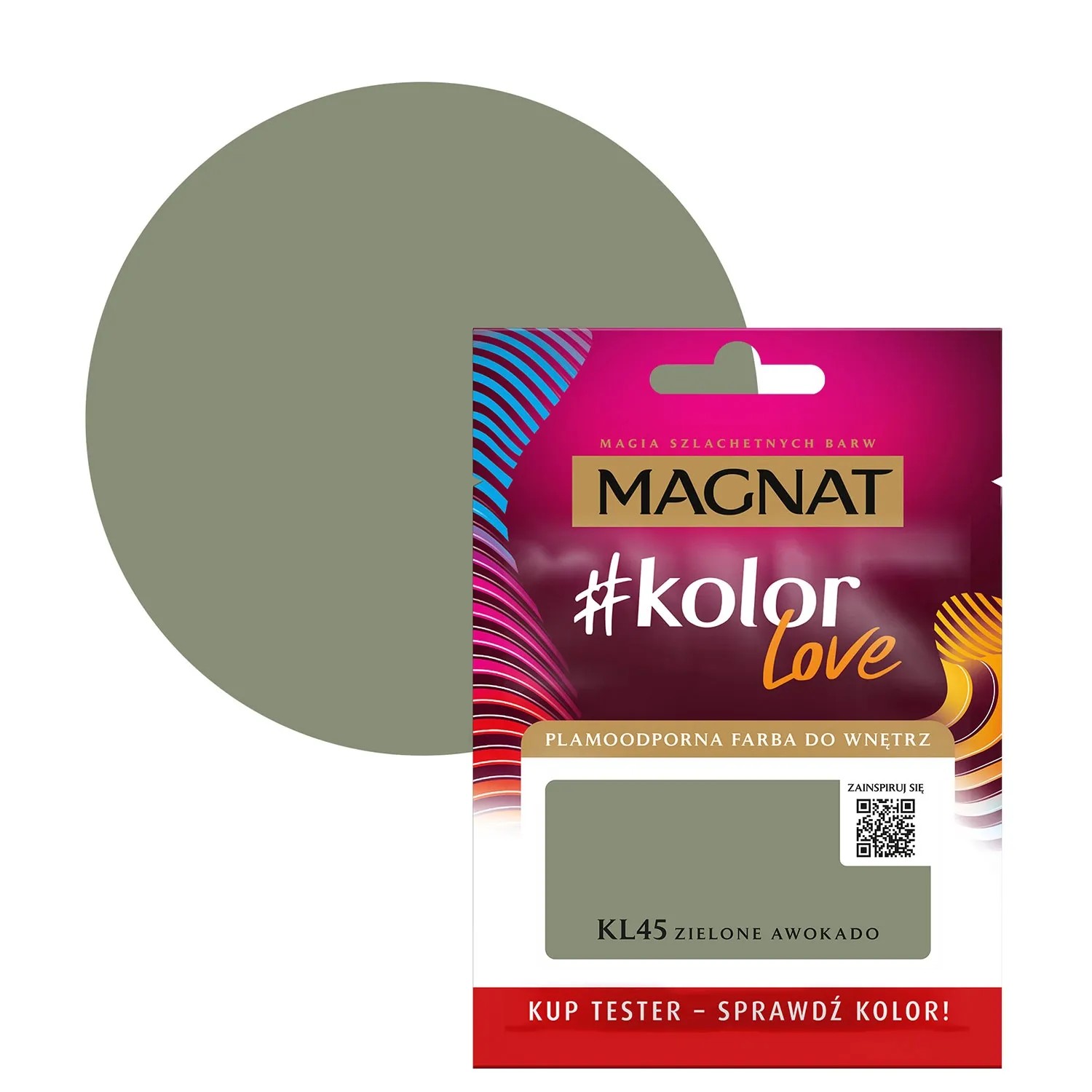 Próbka koloru i karta kolorów farby Magnat #kolor Love, odcień KL45 Zielone Awokado.