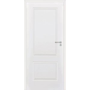 Białe drzwi wewnętrzne t.b.t. z dwoma prostokątnymi płycinami i klamką.