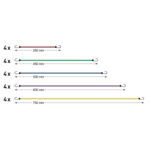20-częściowy zestaw ekspanderów z pasami napinającymi o różnych długościach i kolorach do zabezpieczania ładunku.