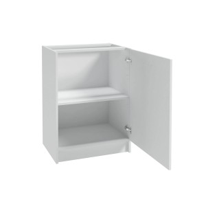 Biała szafka kuchenna (t.b.t.) z otwartymi drzwiami i dwiema półkami.