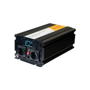 Czarny falownik t.b.t. do fotowoltaiki z gniazdami i wyświetlaczem.