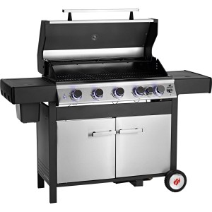Landmann GG-IV-510SSDE wózek grillowy gazowy, czarno-stalowy, z 5 palnikami i dużą powierzchnią grillowania.